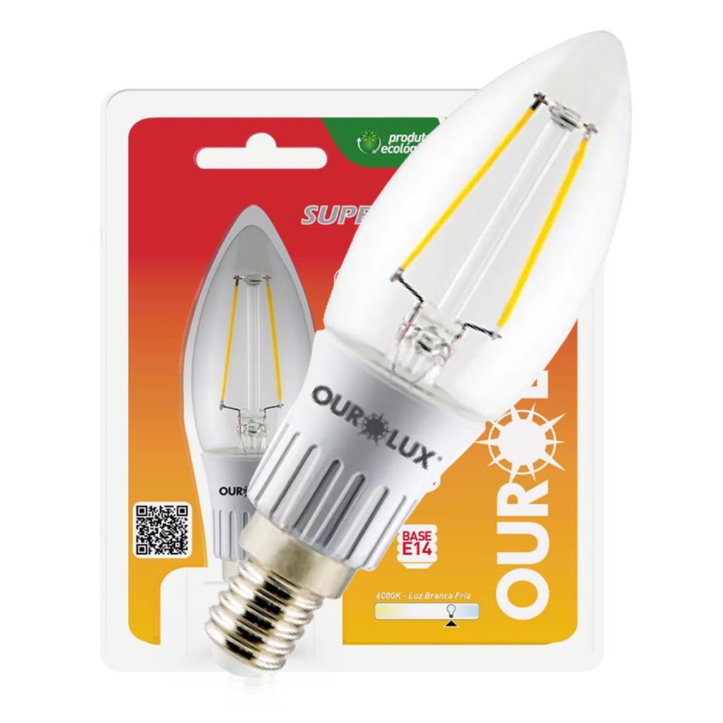 Detalhes do Kit 2 Lampadas Led Filamento Vela 3W Bivolt E14 6000K Branca