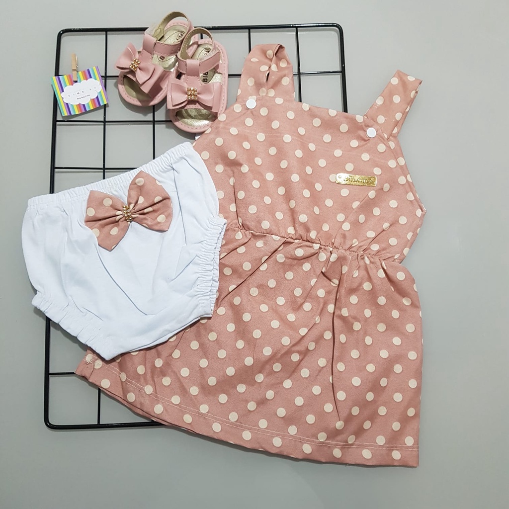 Vestido bebê em tecido roupas de bebê menina e tapa fralda jardineira bebê enxoval de bebê
