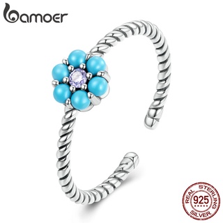 Bamoer 925 Prata Azul Turquesa Abertura De Flores Anel Fashion Joias Para Mulheres