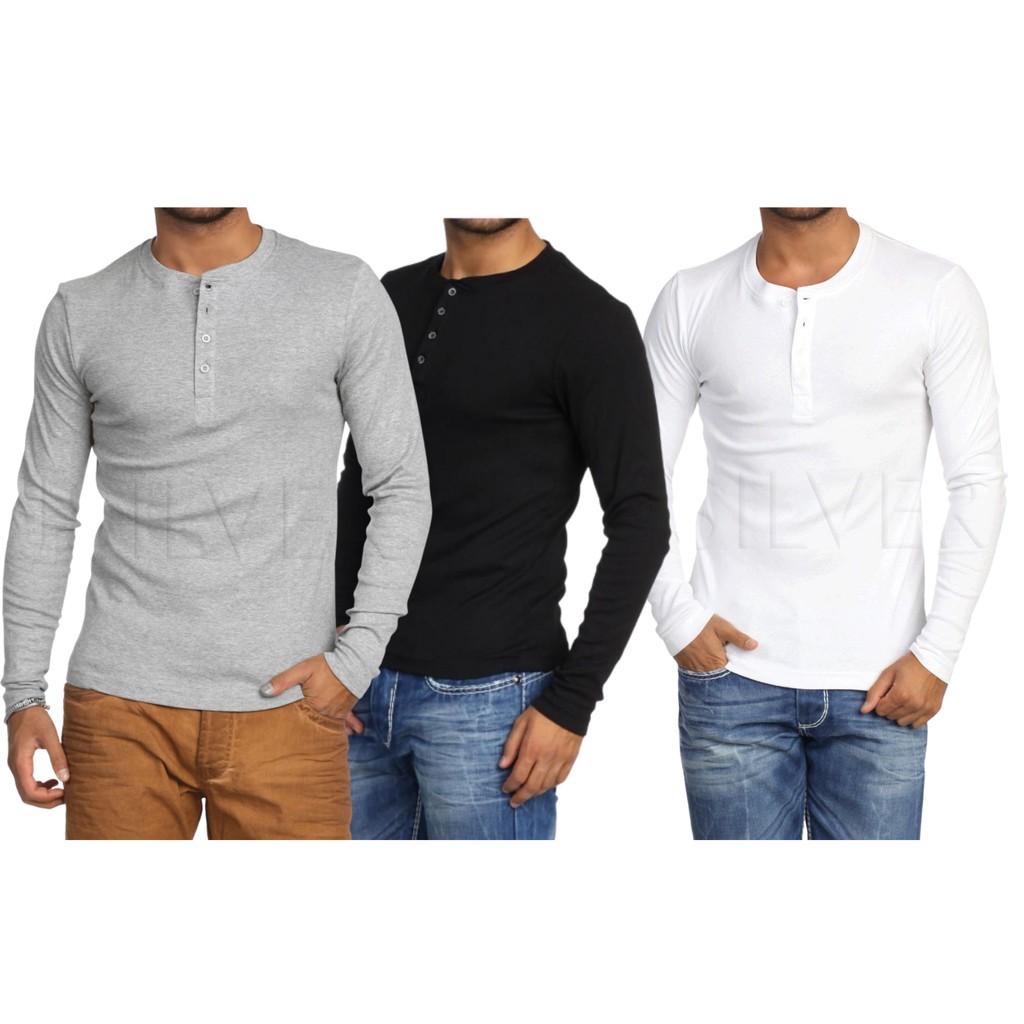 KIT COM 3 Camisetas Henley J Silver Slim Fit Manga Longa 4 Botões