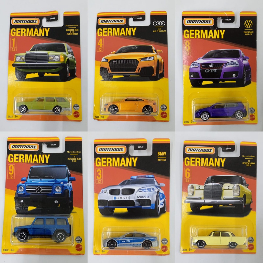 Alemanha Caixa De Fósforos SET | 62 Mercedes Benz 220 SE 15-G 500 BMW M5 POLICE Carro VOLKSWAGEN GOLF GTI VW 2019 AUDI TT RS Forma S123 WAGON De Estação Verde Roxo Laranja Amarelo Polizei Azul