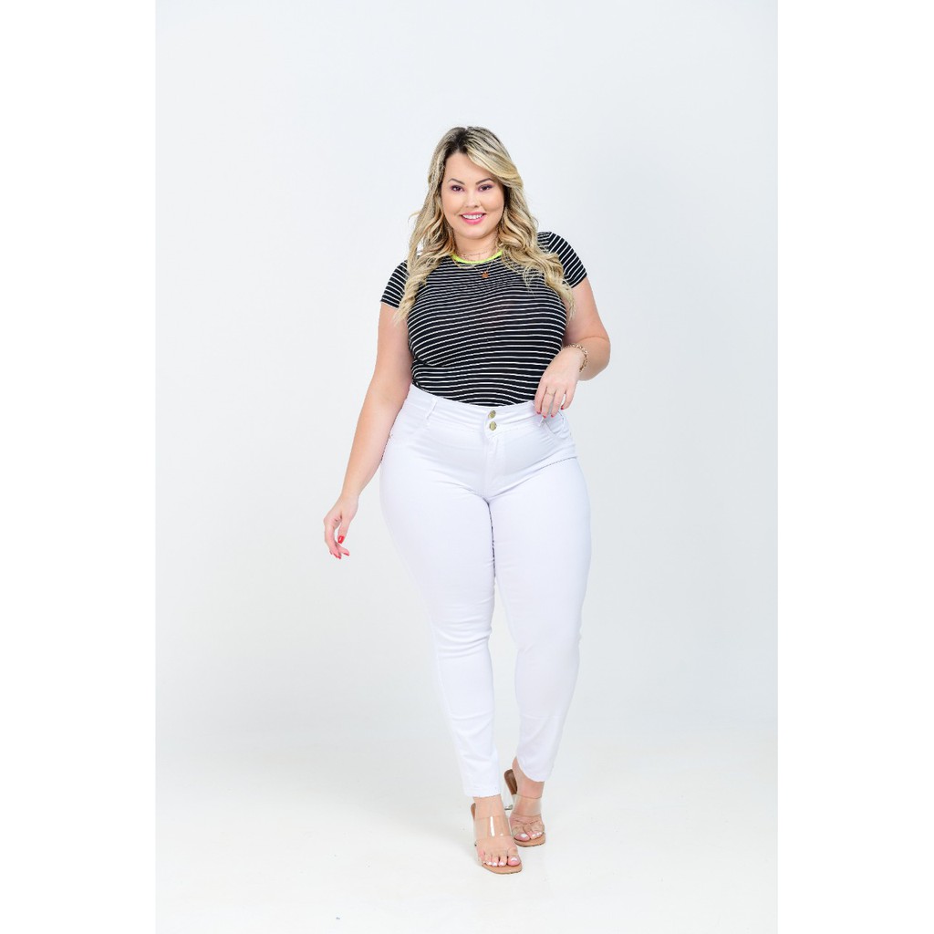 calcas branca feminina jeans cintura alta com lycra skinny não é transparente na promoção