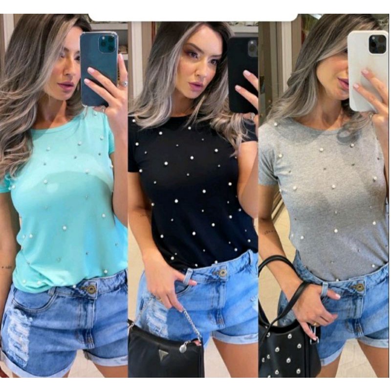 Blusinha Adulta  feminina T-shirt de manguinha com pérolas  alta tendência verão moda 2021