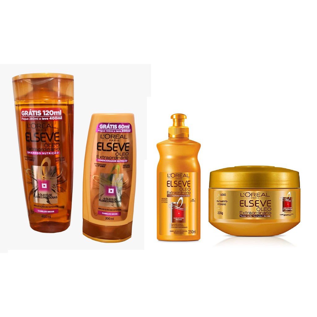 Kit Shampoo(375ml) + Condicionador (170ml) + Creme de pentear(250g) + Máscara hidratação (300g) Elseve Óleo Extraordinário Nutrição Intensa