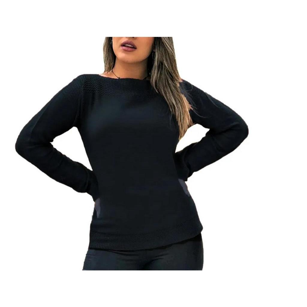 Blusa Bia Comprida Feminina Básica Trico Inverno Frio Preto