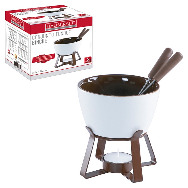 Kit Aparelho Fondue Cerâmica Completo Carne Queijo 5 Peças