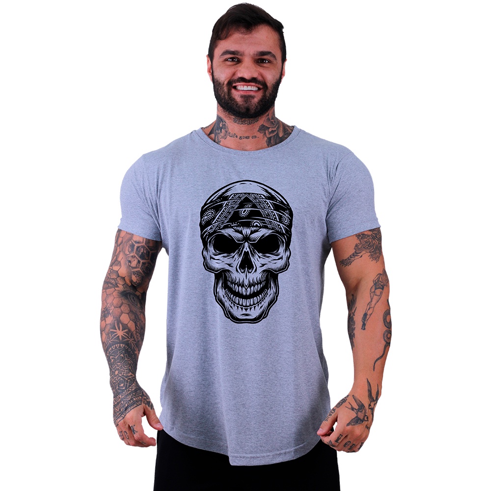 Camiseta Longline Masculina MXD Conceito Academia Musculação Lazer Caveira com Bandana