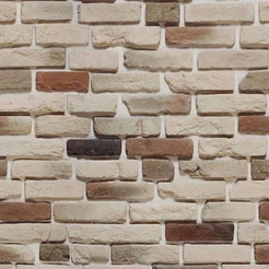 Papel De Parede Modelo Tijolo Em Tons De bege com detalhes Em marrom, cinza e preto.