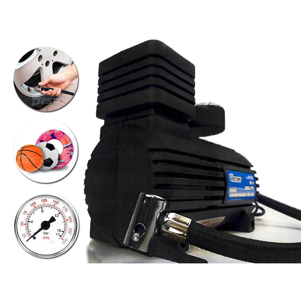 Mini Compressor de Ar Portátil 12v 250PSI Com Calibrador de Ar Para Pneus Boias Bolas Western
