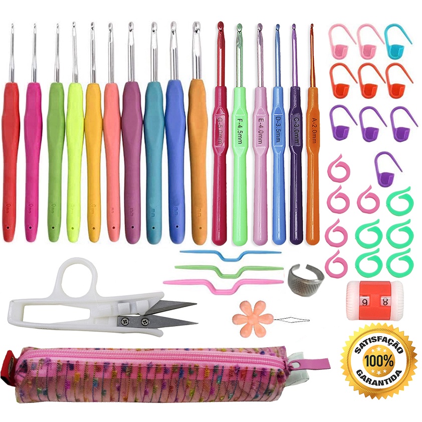 Estojo Croche Agulhas Cabo Soft Ponteiras Silicone Tesoura.