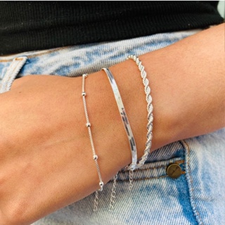 Kit 3 Pulseiras Prata 925 Folheada Cordão Baiano Fio Liso Metalizada Conjunto Pulseira Feminina de Bolinha em Oferta na Shopee