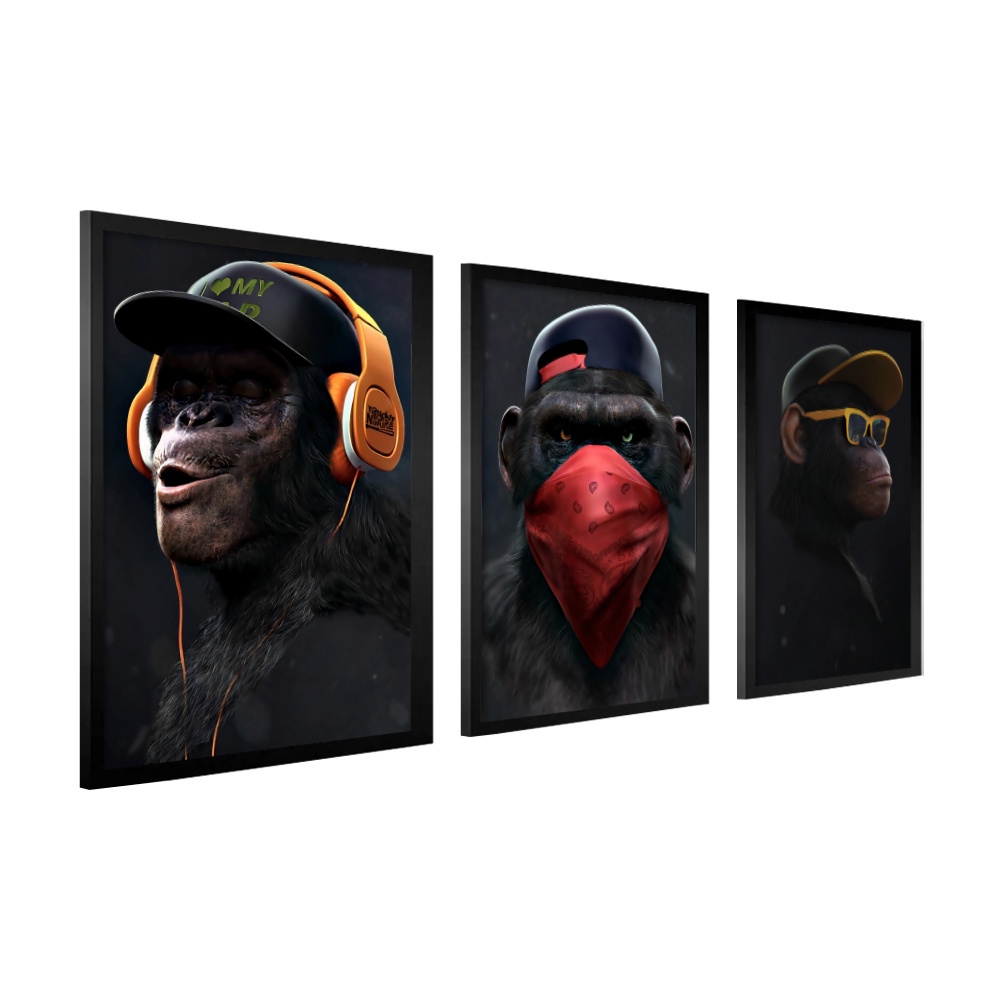 Quadros Decorativos Gangue Dos Macacos Divertidos Grande 40x60cm Com Moldura