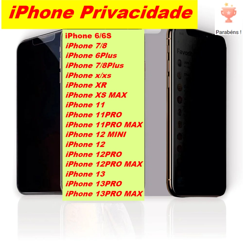 Película de vidro Privativa Anti Spy Privacidade Filme para Todos IPhone Modelos 7 8 plus XS XR 11 12 mini 13 14 15 Pro Max