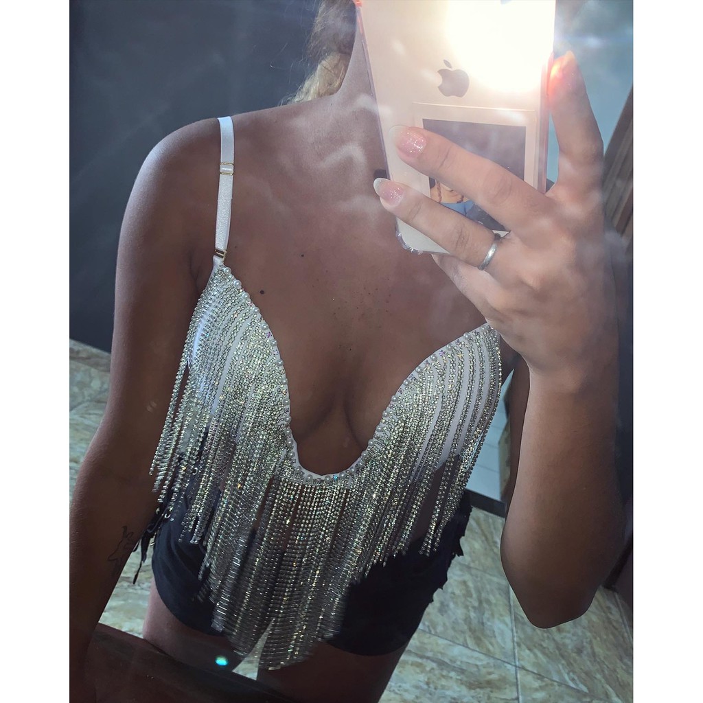 Top Cropped Super Ultra Decote Bordado Pedraria Pedras Strass Gringa Brilho Burguesa