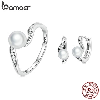 Bamoer 925 Conjunto De Pérolas De Prata Shell 3 Tamanhos Anel E Brinco Fashion Jewelry For Women