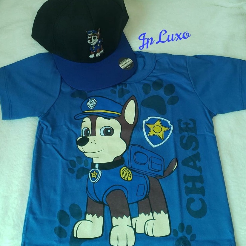 bone aba reta e camiseta conjunto Patrulha Canina Cão chase  infantil criança menino personagens manga curta desenho blusa azul