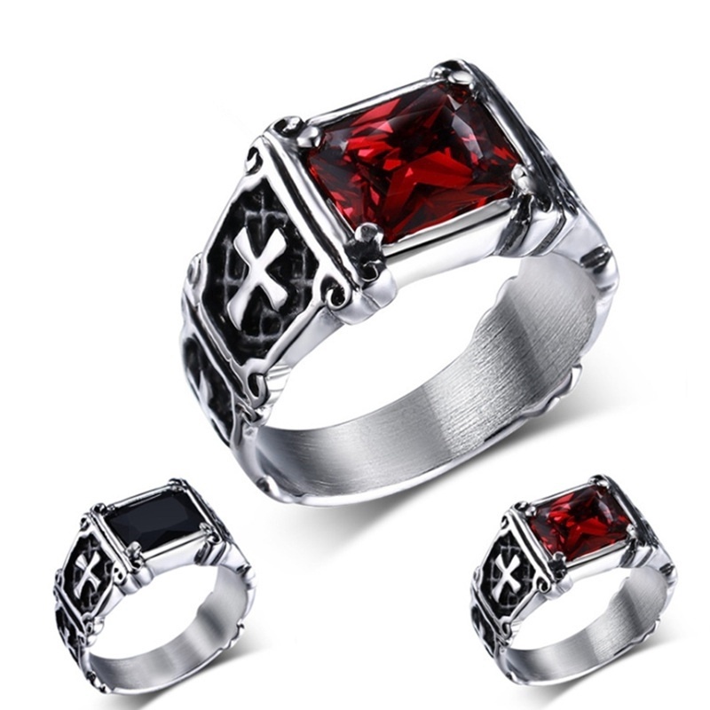 Anel Masculino Vintage Com Cruz / Gótico / Cristal / Vermelho / Punk