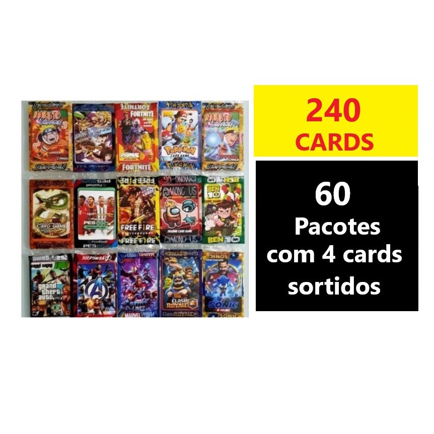 Kit 240 Cards Promoção = 60 Pacotes Cards Coleção Pokemon Yugioh Naruto GTA Free Fire Fortnite