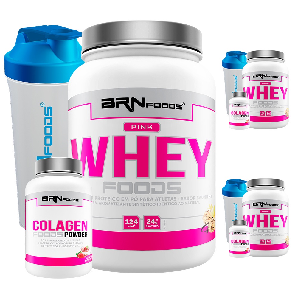 COMBO AMIGAS: 3x Pink Whey Protein com Colágeno 900g + 3x Pink Colágeno 200g + 3x Coqueteleira - BRN FOODS