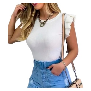 Blusa canelada com babado feminina Manga Curta Princesa Com Babado Feminina Tendencia Moda Blogueira