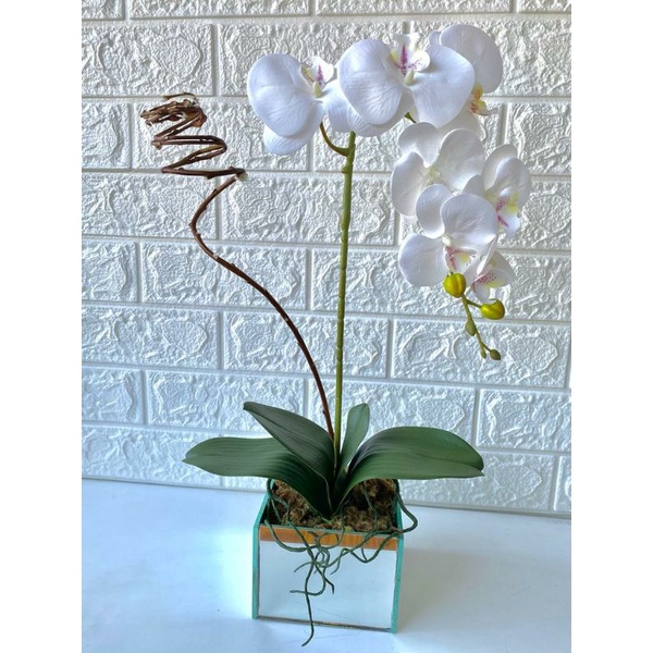 Arranjo de Orquídea Branca Artificial Silicone 3D - Vaso Quadrado Espelhado  P/ Centro de Mesa Casa Sala Decoração | Shopee Brasil
