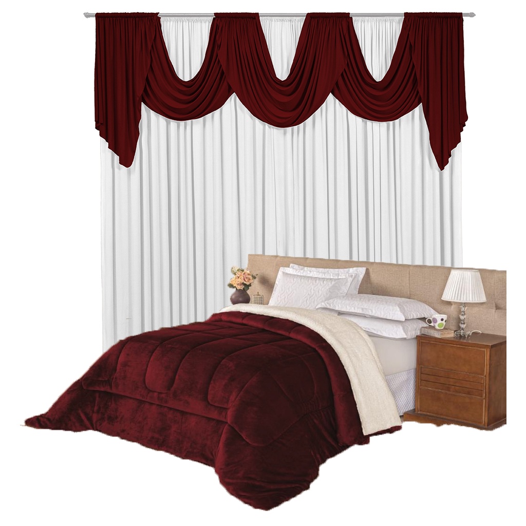 Coberdrom Edredom Pele De Carneiro Casal Queen Sherpa DuplaFace + Cortina Corta Luz 2 Metros