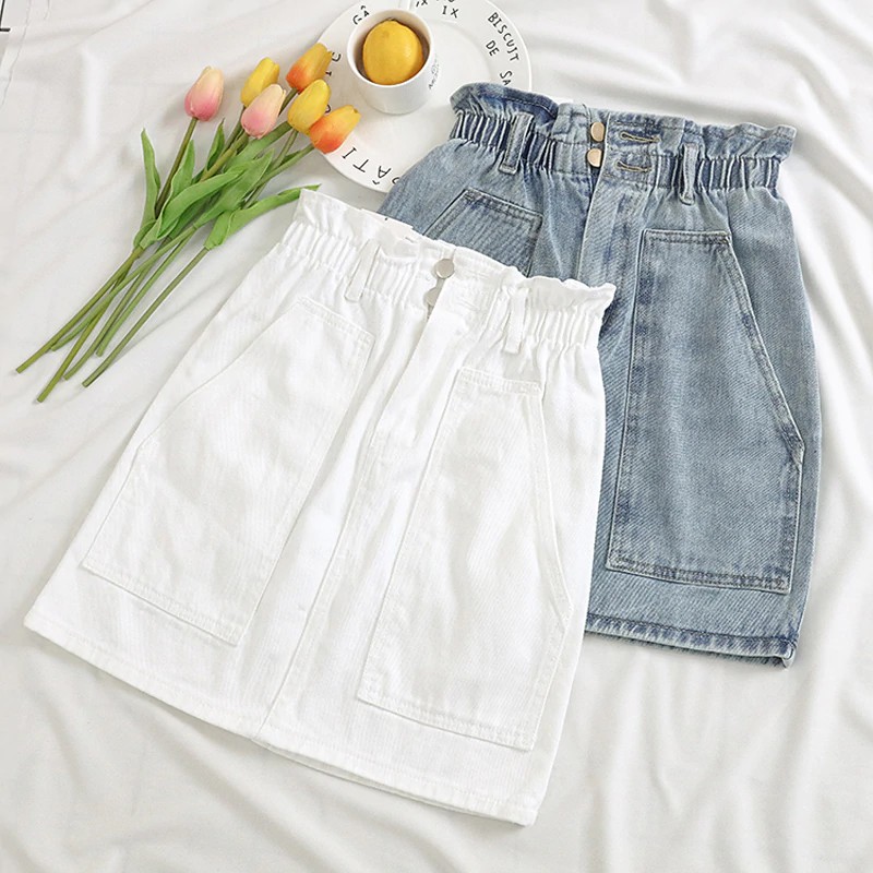 saia jeans com elastico na cintura