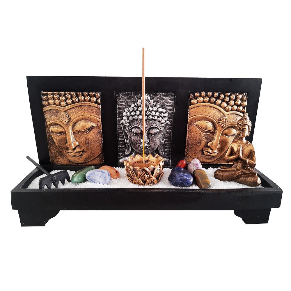 Kit jardim zen face de buda com altar + incensário + pedra 7 chakras