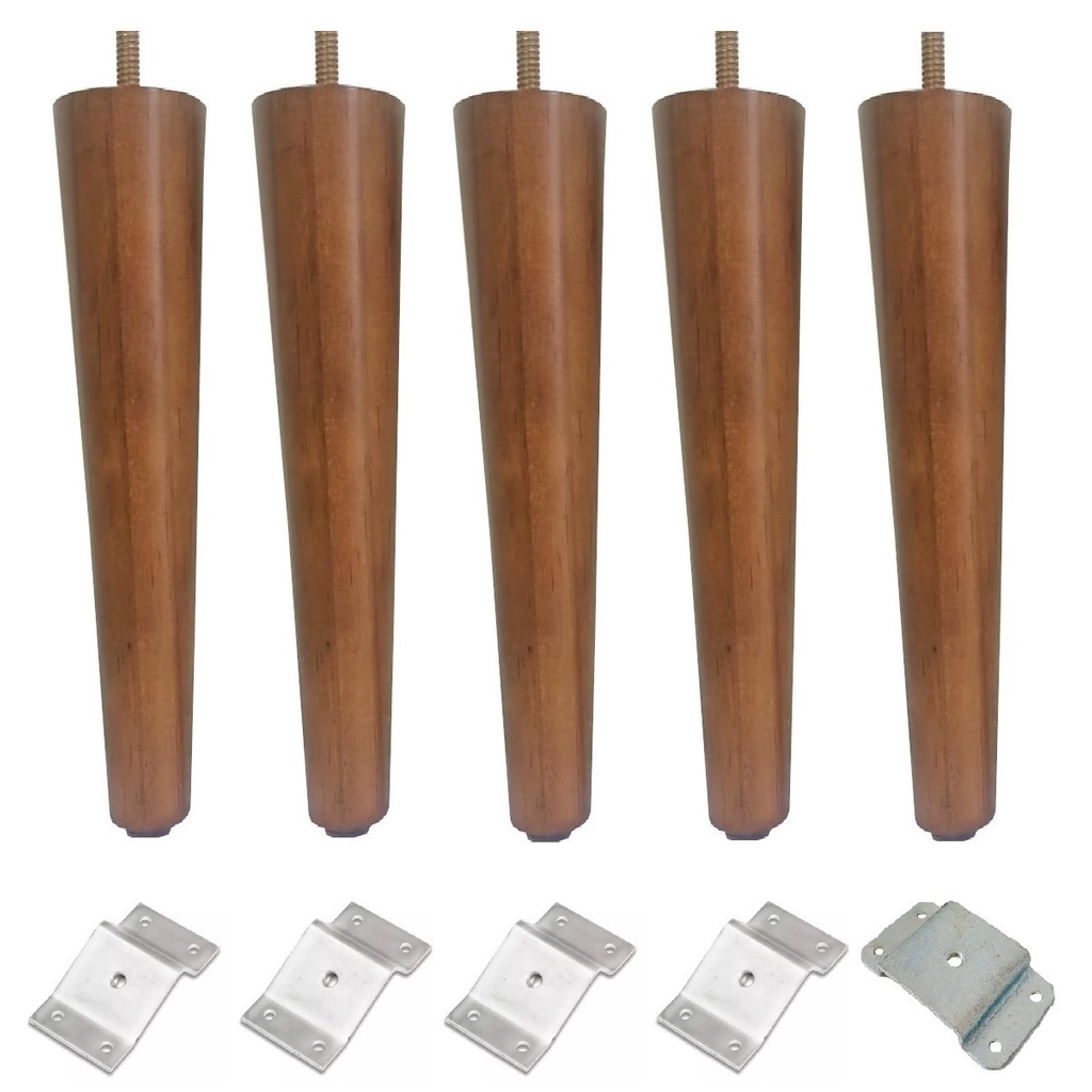 Kit Jogo 5 Pés Palito de 20cm Perna Para Móveis + 4 Chapinha Inclinada + 1 Chapinha Reta