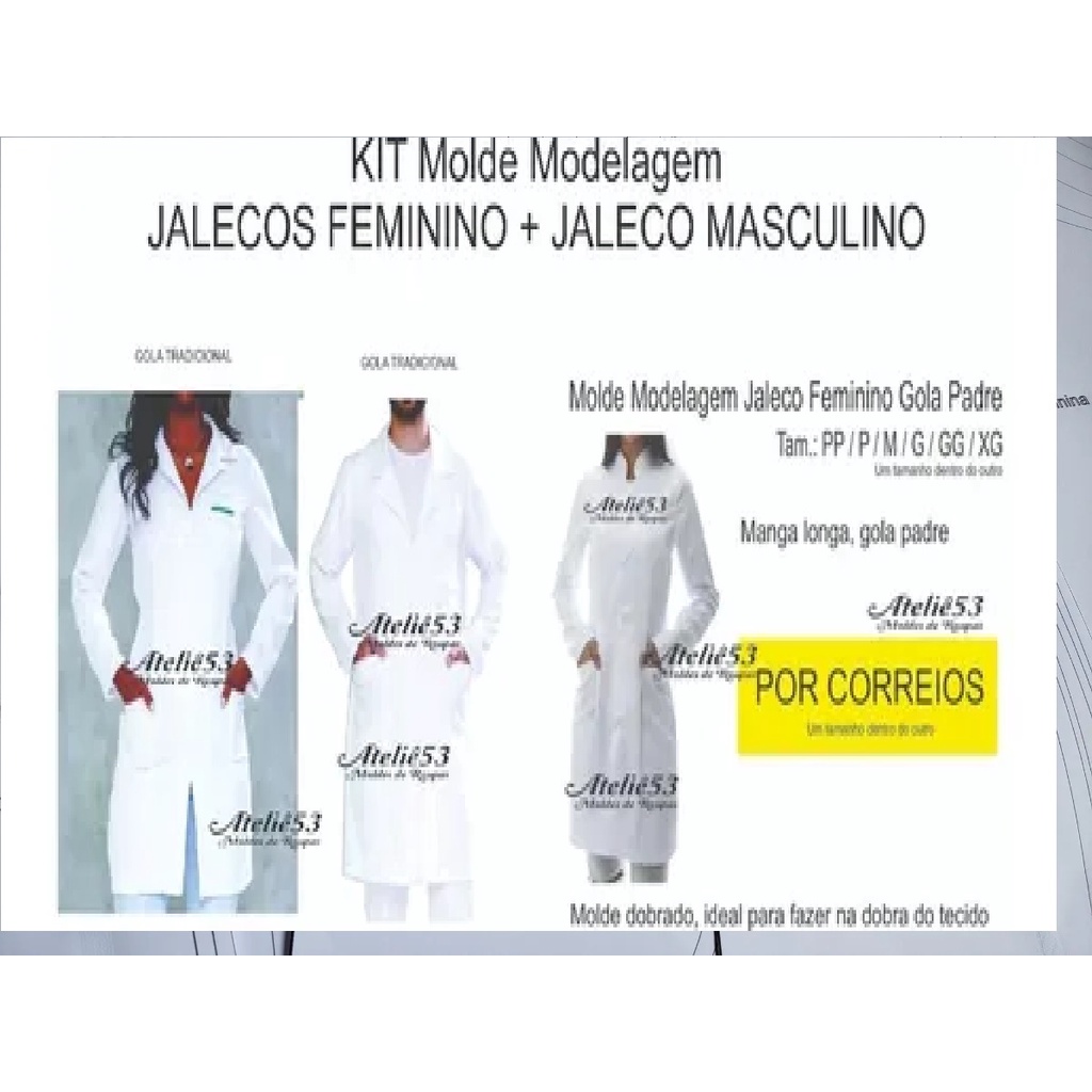 Kit 3 Molde de Roupa Jalecos Feminino gola padre + Jaleco Masculino + JALECOS FEMININO GOLA TRADICIONAL GRADE 80g