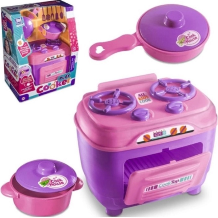 Kit Cozinha Infantil Fogão com Forno Porta do Forninho Abre Play Cooker Faz de Conta Fogão com panelinhas 3 peças