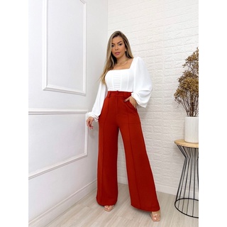 X-14 Calça Pantalona Lisa Tecido Duna Moda Blogueira com bolso -Fashion Glória W&Y