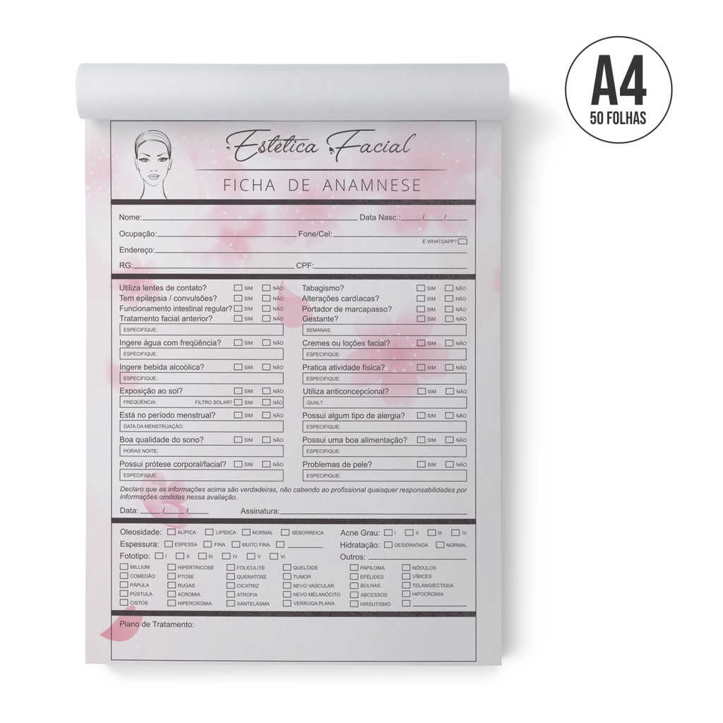 Bloco Ficha De Anamnese Estética Facial Tamanho A4 - 50 Folhas (Estética, Esteticista, Limpeza Pele) em Oferta na Shopee