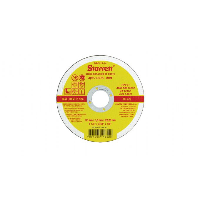 Disco De Corte Fino Starrett Inox 4.1/2" Esmerilhadeira