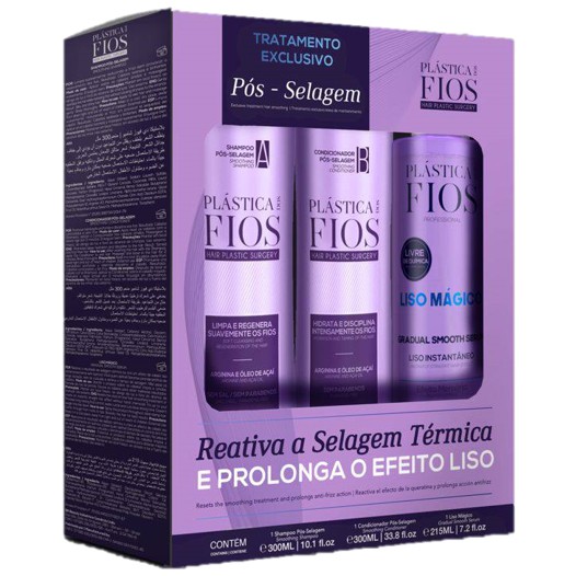 Embalagem do kit de manutenção Cadiveu Plástica dos Fios contendo shampoo, condicionador e liso mágico em frascos roxos dentro de uma caixa promocional