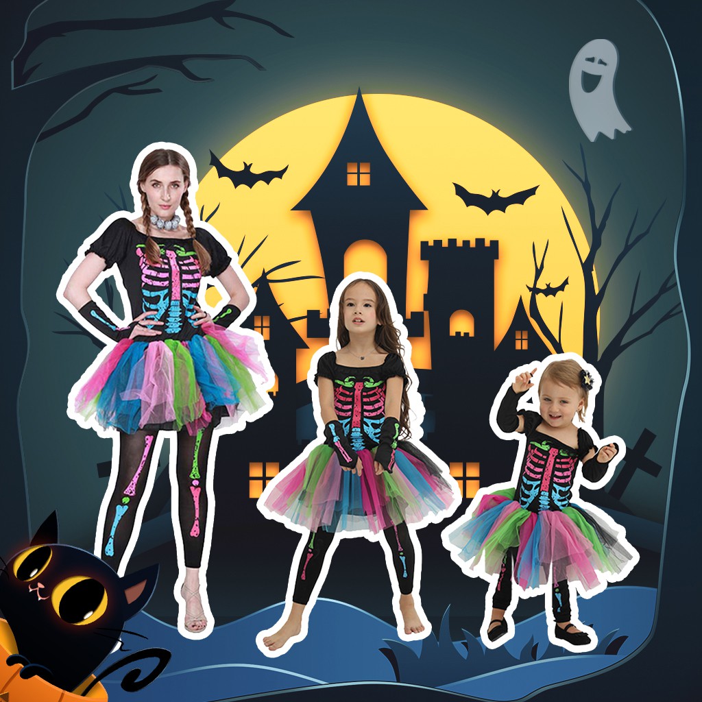Fantasia feminino de caveira colorida Mulher Criança Arco-íris Esqueleto Rock Tutu Vestido Fantasia de fantasma de Halloween para família