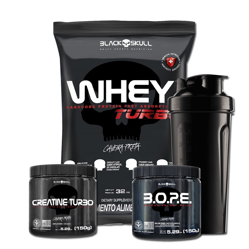 Kit Suplemento Combo Whey Turbo 907g + Creatina 150g + Pre Treino B.O.P.E 150g Bope + Coqueteleira - Black Skull