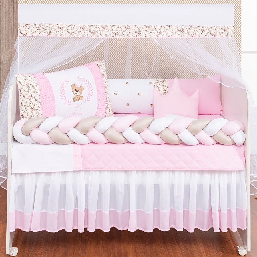 Kit de Berço Ursinho Teddy Rosa Trançado Completo 11 Peças Americano Novidade