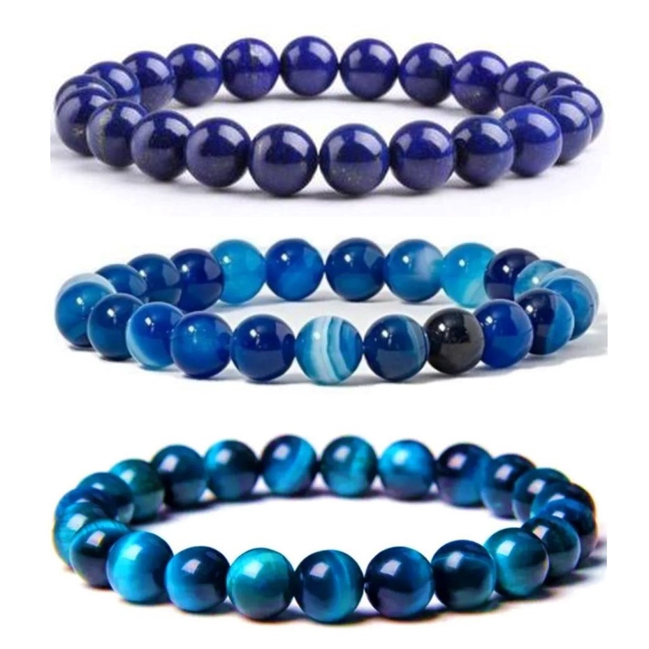 Kit Azul 3 Pulseiras Lápis Lázuli, Ágata Azul e Olho de Tigre Azul