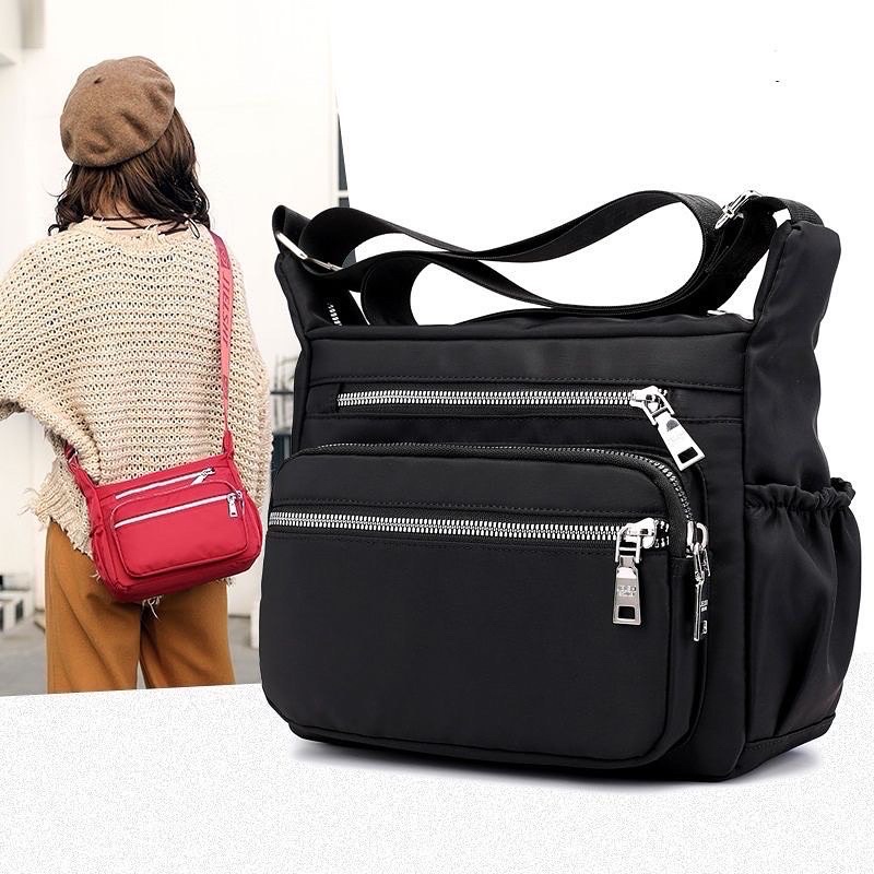 Bolsa Feminina Nylon Impermeável Transversal 5 Divisórias Lançamento Zíper PRATA