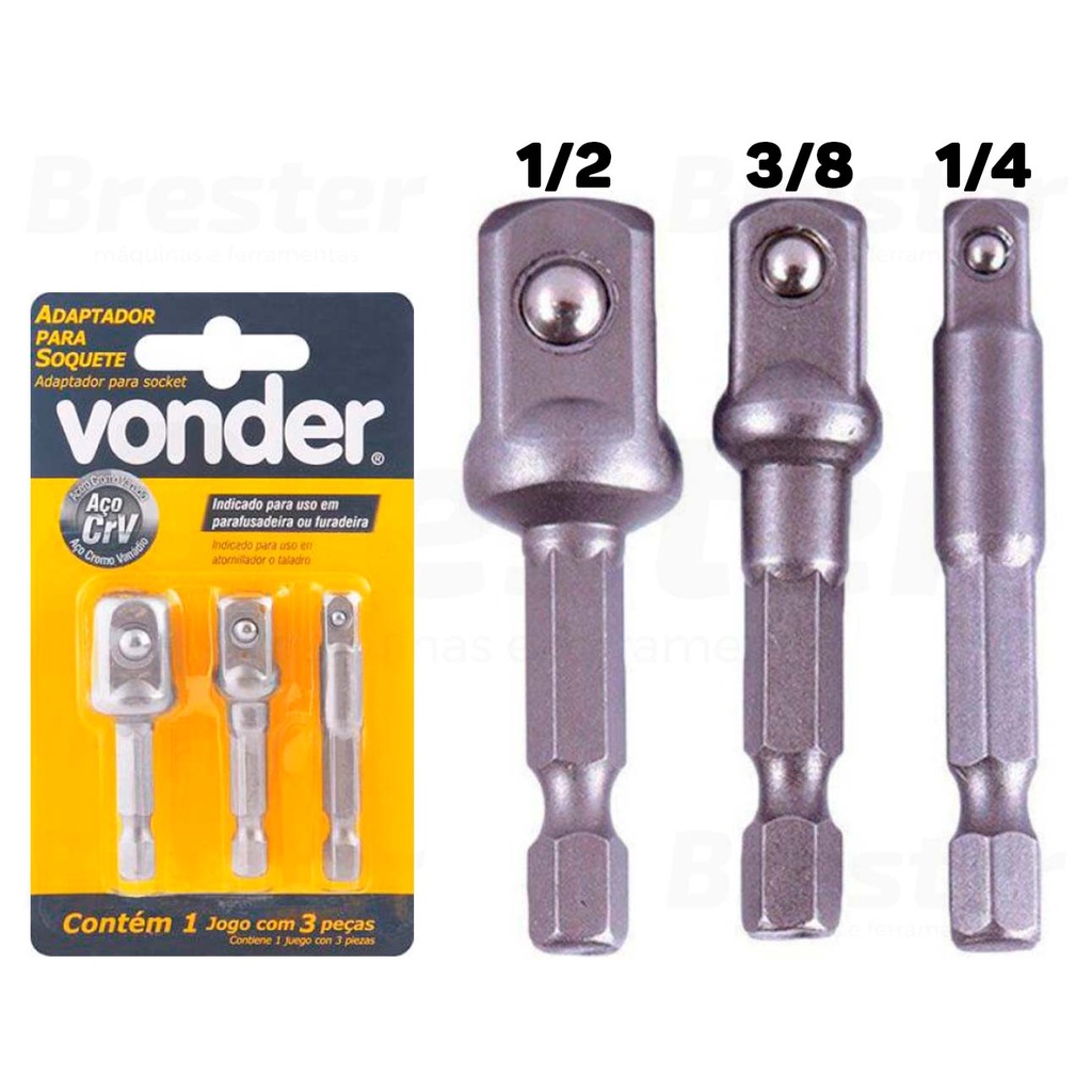 Kit 3 Adaptador Soquete Parafusadeira Furadeira 1/4 3/8 1/2 Vonder em Oferta na Shopee
