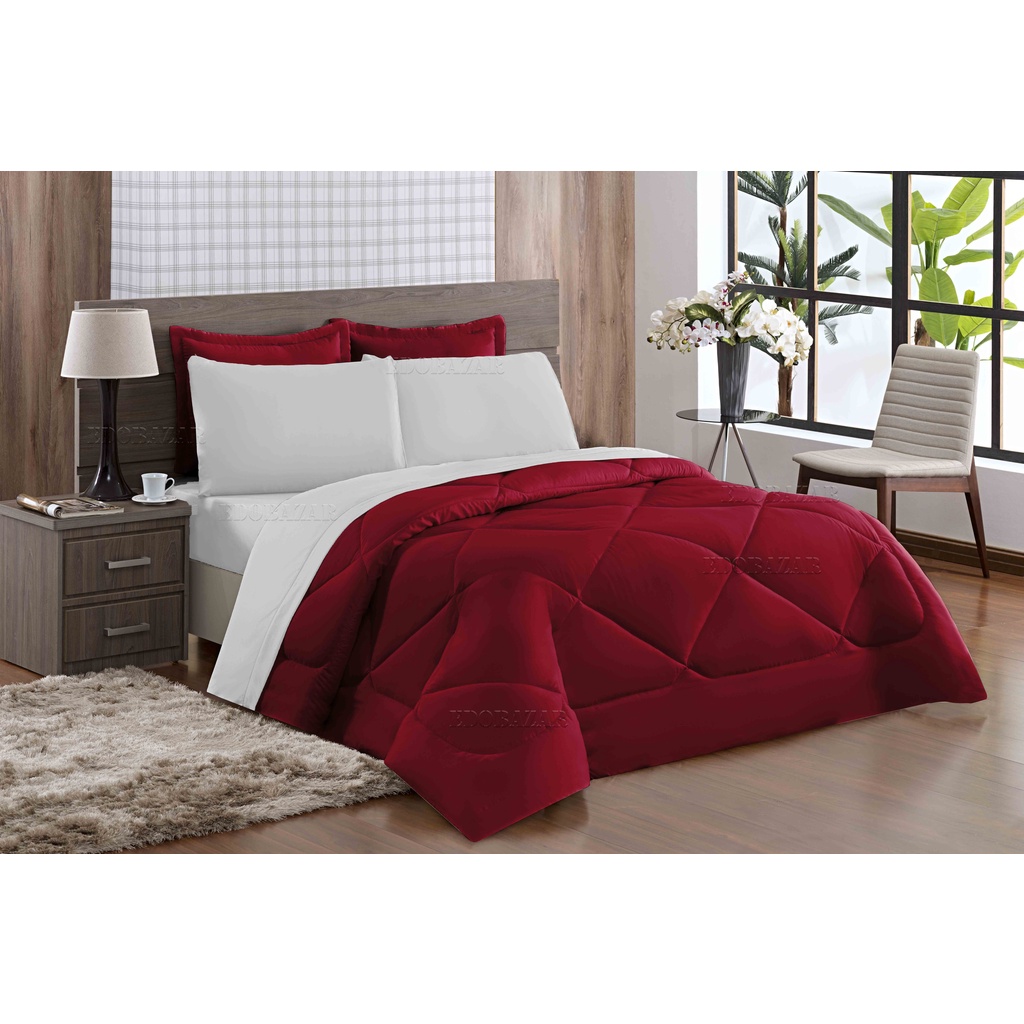 Kit Jogo de Cama Casal Queen + Jogo de Lençol 06 peças Aconchego Dupla Face Vermelho e Branco