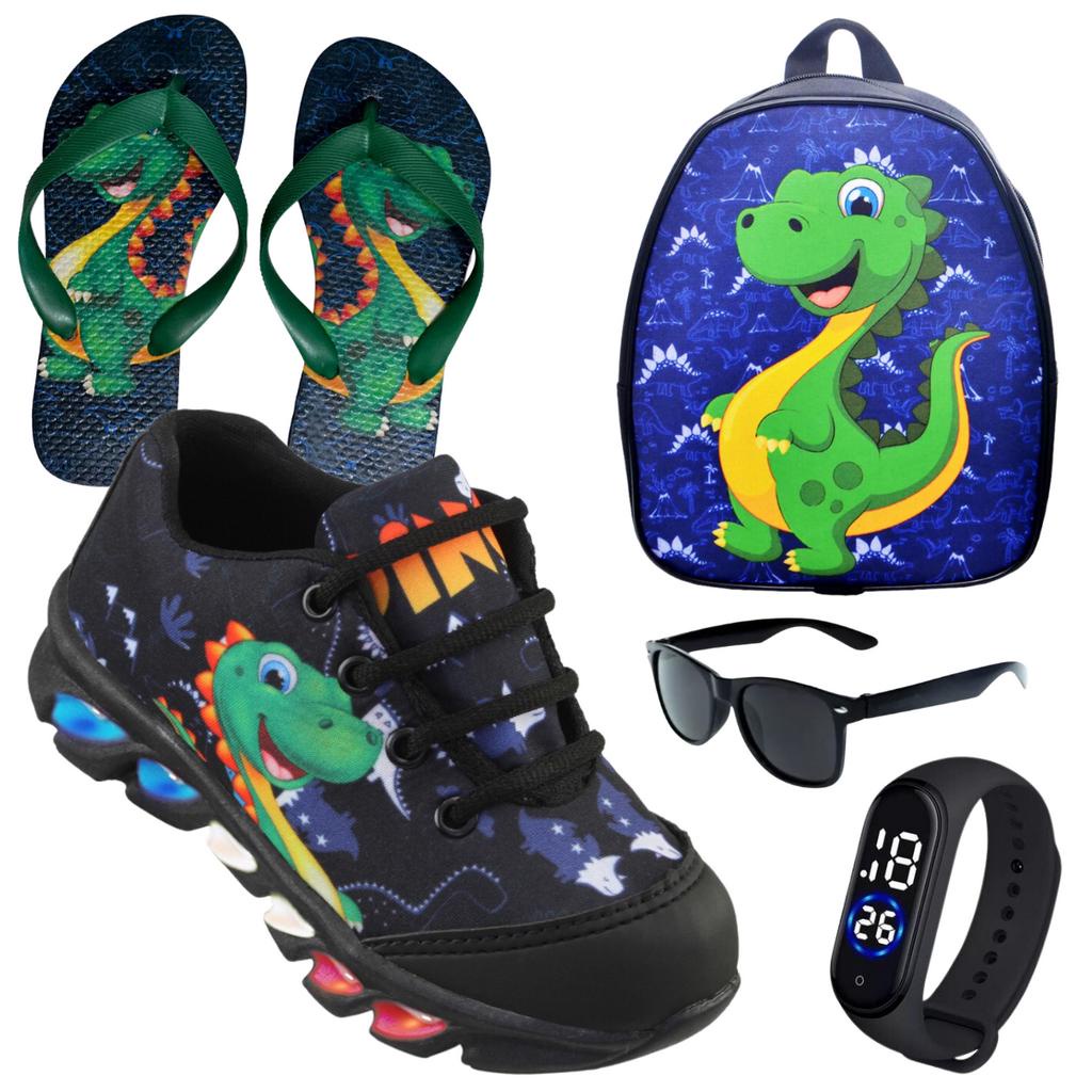 Kit Tênis De Led Infantil Menino Masculino Dinossauro + Chinelo + Mochila + Óculos + Relógio