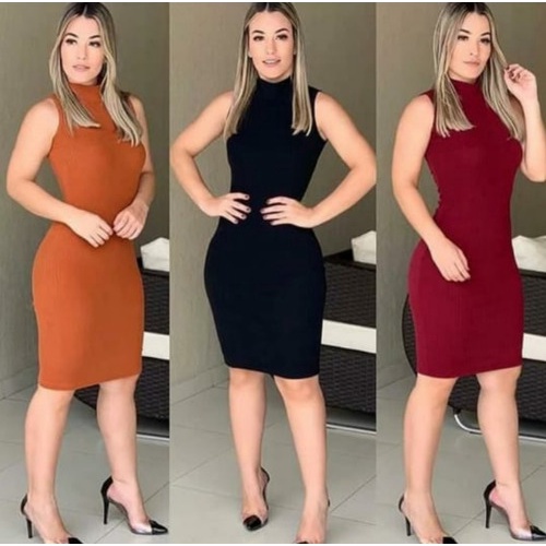 Vestido Canelado Feminino Midi Gola Alta Malha Canelada