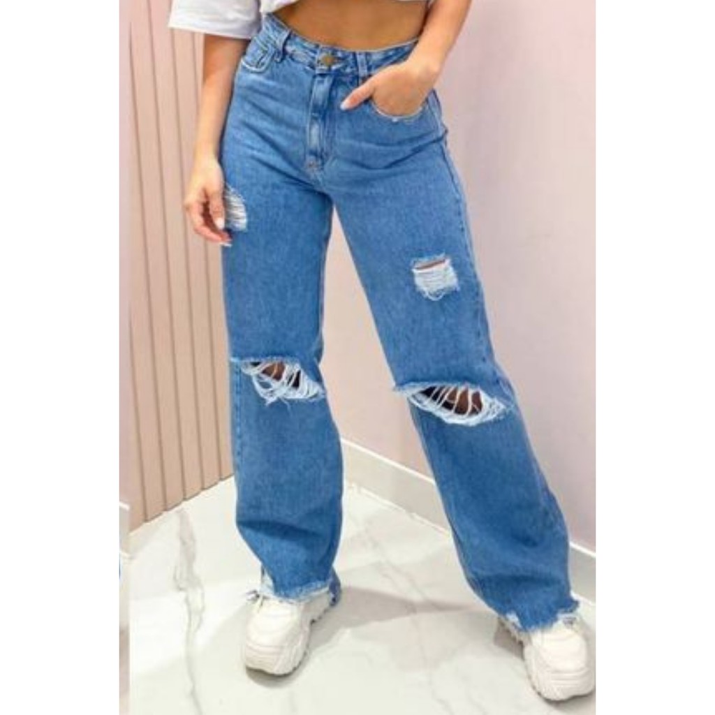 Calça wide leg jeans destroyed rasgada folgada larga pantalona off Shopee Brasil