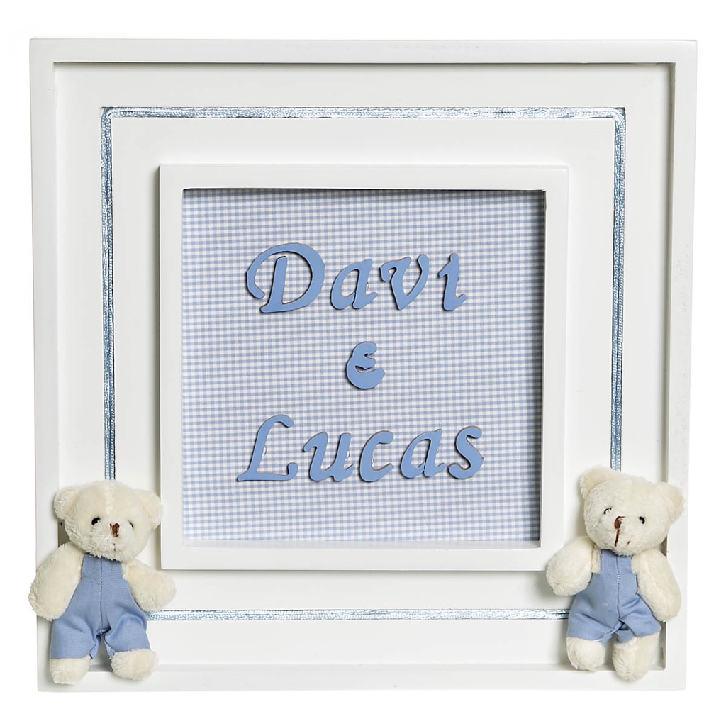 Quadrinho/ Porta Maternidade Azul C/ Nomes Ursinhos Gêmeos