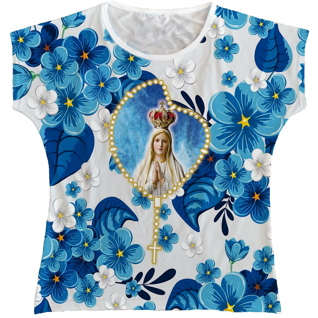 Blusa Nossa Senhora de Fátima Bata Rainha do Brasil Flores Azuis