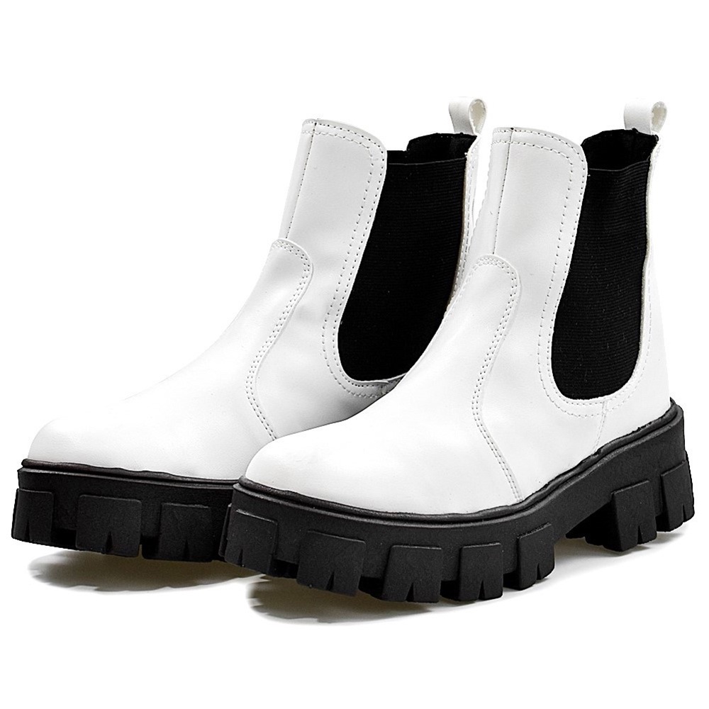 Bota Coturno Dubuy Feminina Tratorada Chelsea Branco Sola Preta Drop 1504FG - Women Shoes
