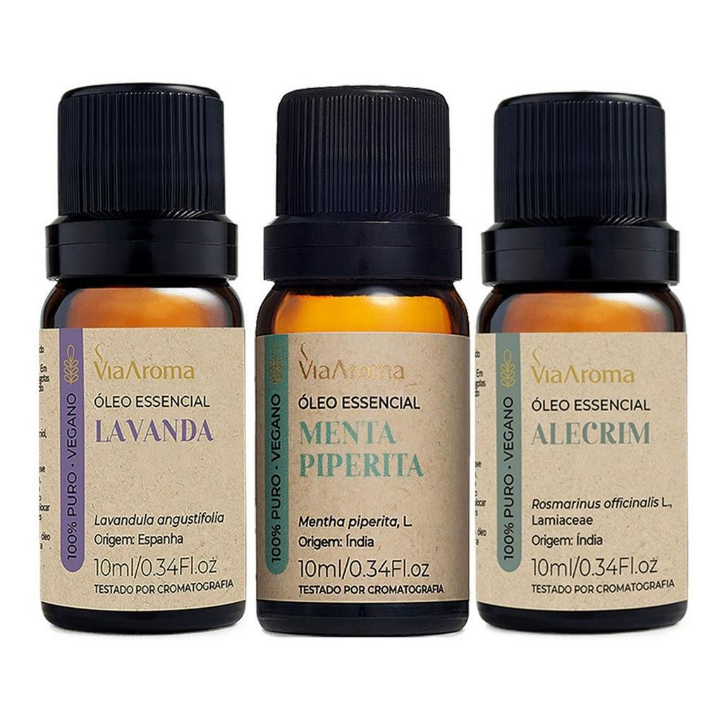 Óleo Essencial Via Aroma Lavanda + Menta + Alecrim Kit 03 Para Odorizador Umificador Eletric