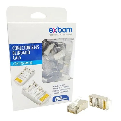 100  Conector blindado RJ45 cristal 8P8C Cat5e suporta Gigabit Ethernet 30μm banhado de ouro